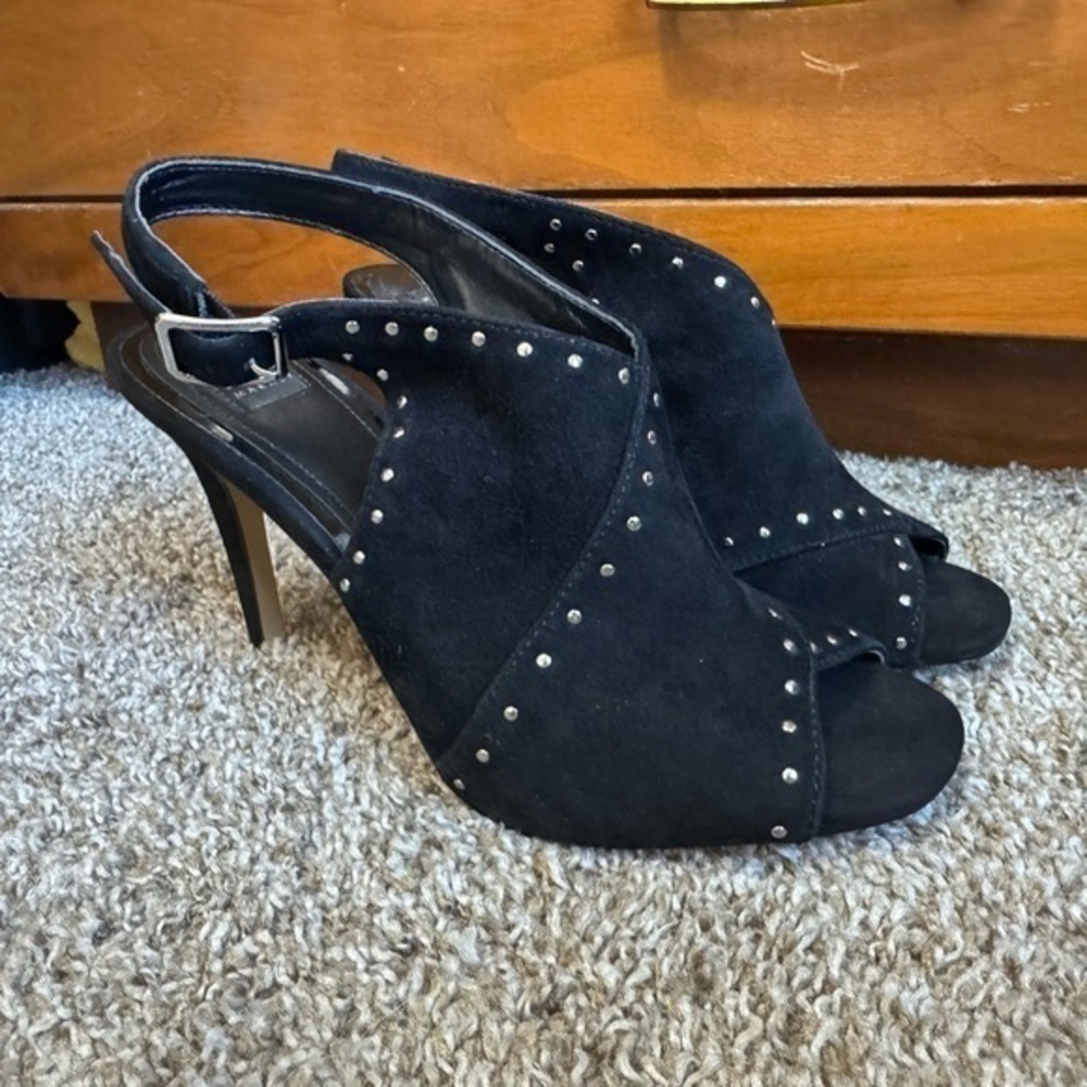 White House Black Market Zailey Black Suede Studded Mule Sling Back Heel